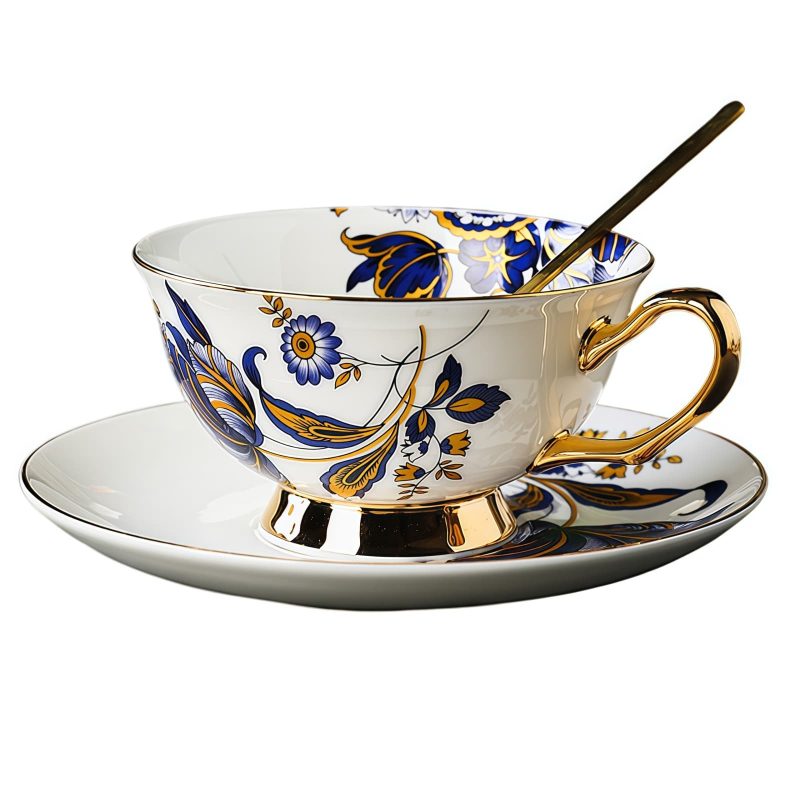 Blue Floral Bone China Tea Cup & Saucer Set - Gold Accents - 6