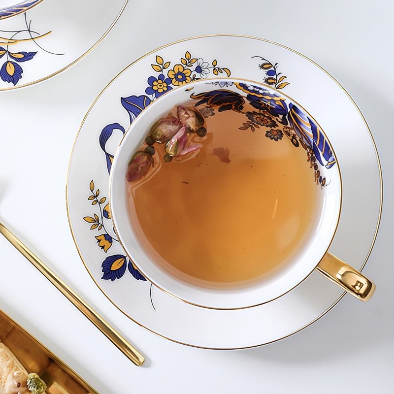Blue Floral Bone China Tea Cup & Saucer Set - Gold Accents - 5