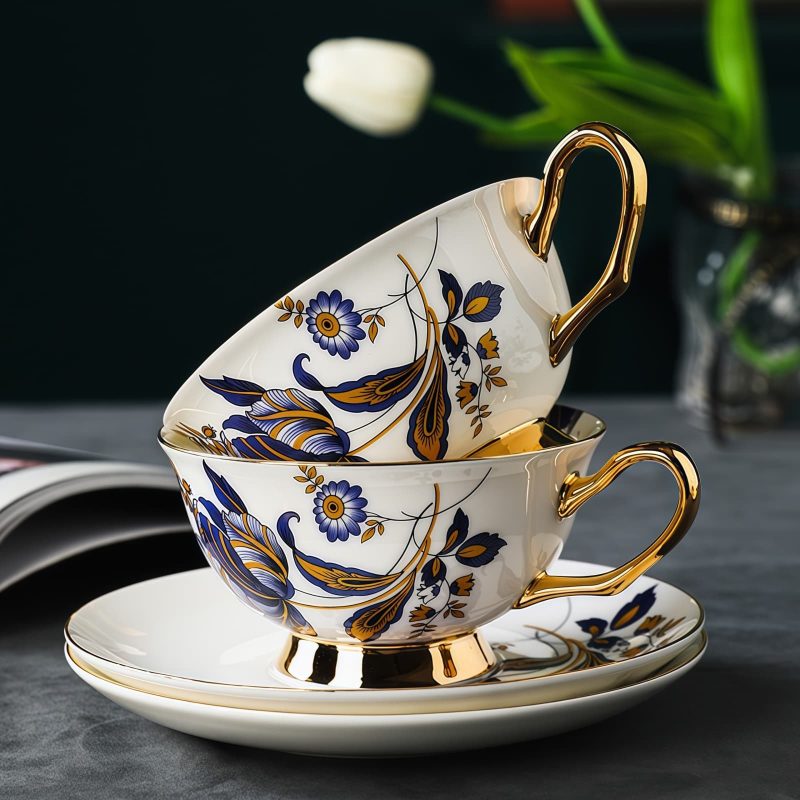 Blue Floral Bone China Tea Cup & Saucer Set - Gold Accents - 2