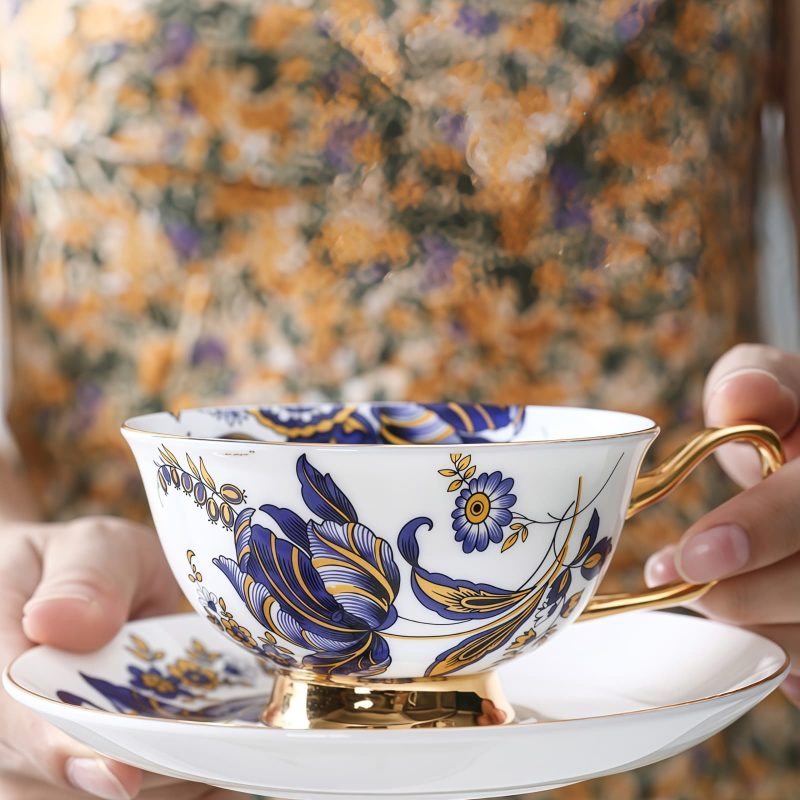 Blue Floral Bone China Tea Cup & Saucer Set - Gold Accents - 4