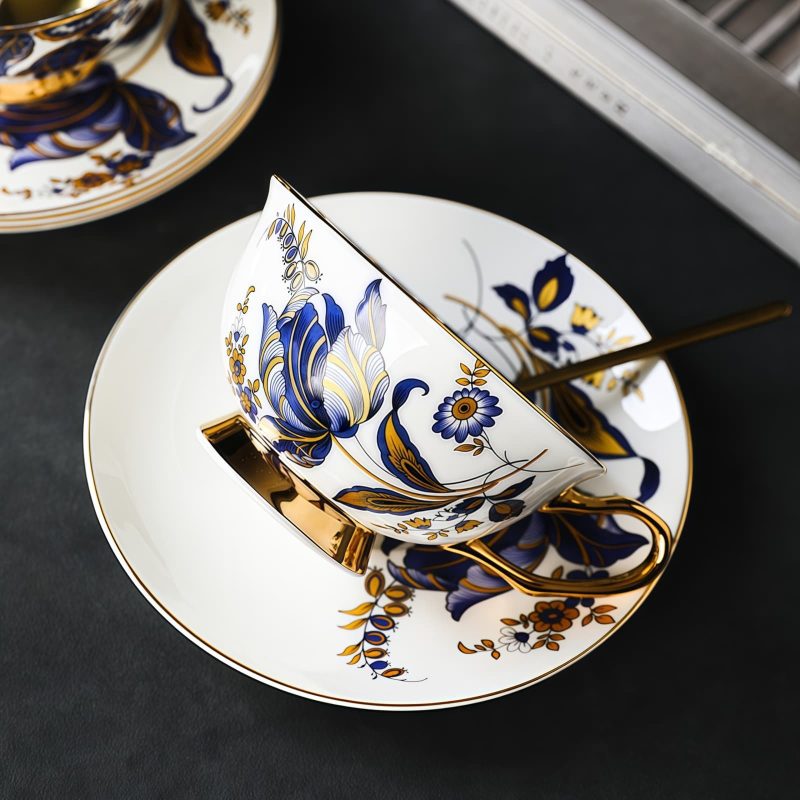 Blue Floral Bone China Tea Cup & Saucer Set - Gold Accents - 1