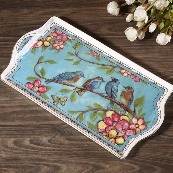 Fine-Bone-China-Teetablett „Bluebird Forest“ mit Tragegriffen