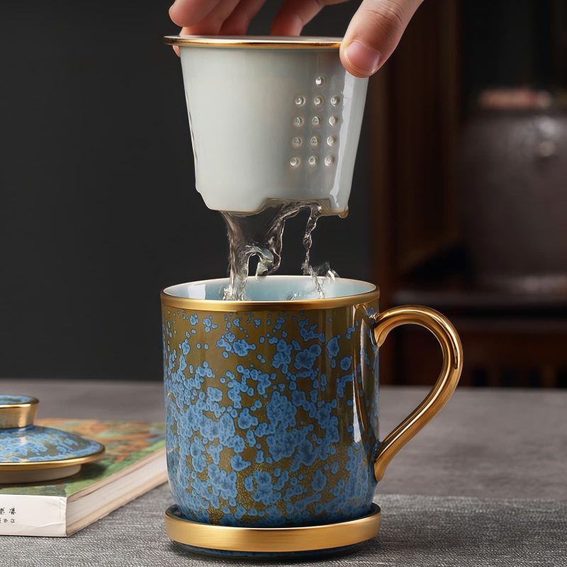 Floating Jade Porcelain Tea Mug with Infuser, Lid & Coaster - 6