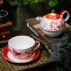 Porzellan-Teeset „Rote Pfingstrose“ für eine Person mit goldenem Knauf Red Peony Porcelain Tea for One Set with Golden Knob - 1