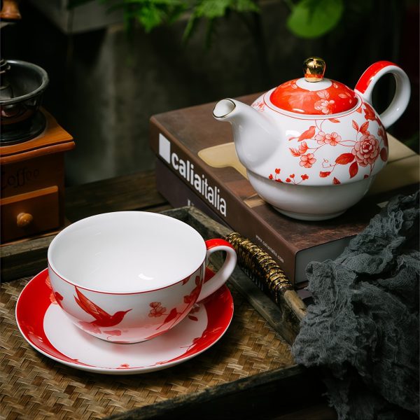 Red Peony Porcelain Tea for One Set with Golden Knob - 1