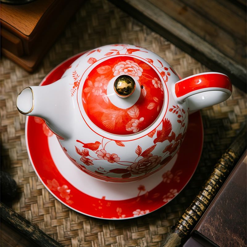 Porzellan-Teeset „Rote Pfingstrose“ für eine Person mit goldenem Knauf Red Peony Porcelain Tea for One Set with Golden Knob - 4