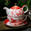 Porzellan-Teeset „Rote Pfingstrose“ für eine Person mit goldenem Knauf Red Peony Porcelain Tea for One Set with Golden Knob - 9