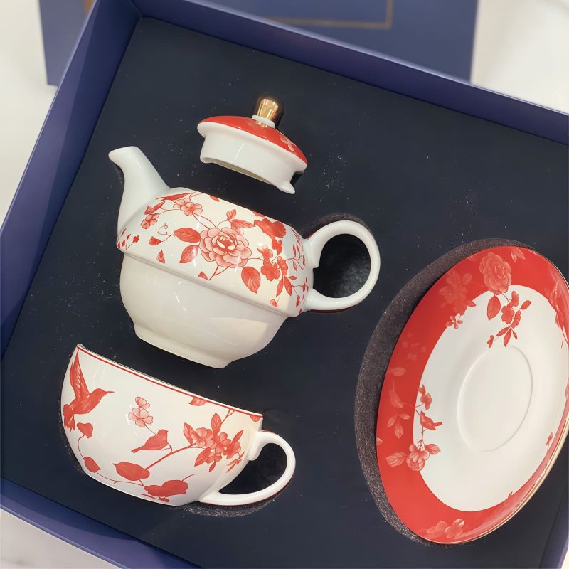 Porzellan-Teeset „Rote Pfingstrose“ für eine Person mit goldenem Knauf Red Peony Porcelain Tea for One Set with Golden Knob - 8