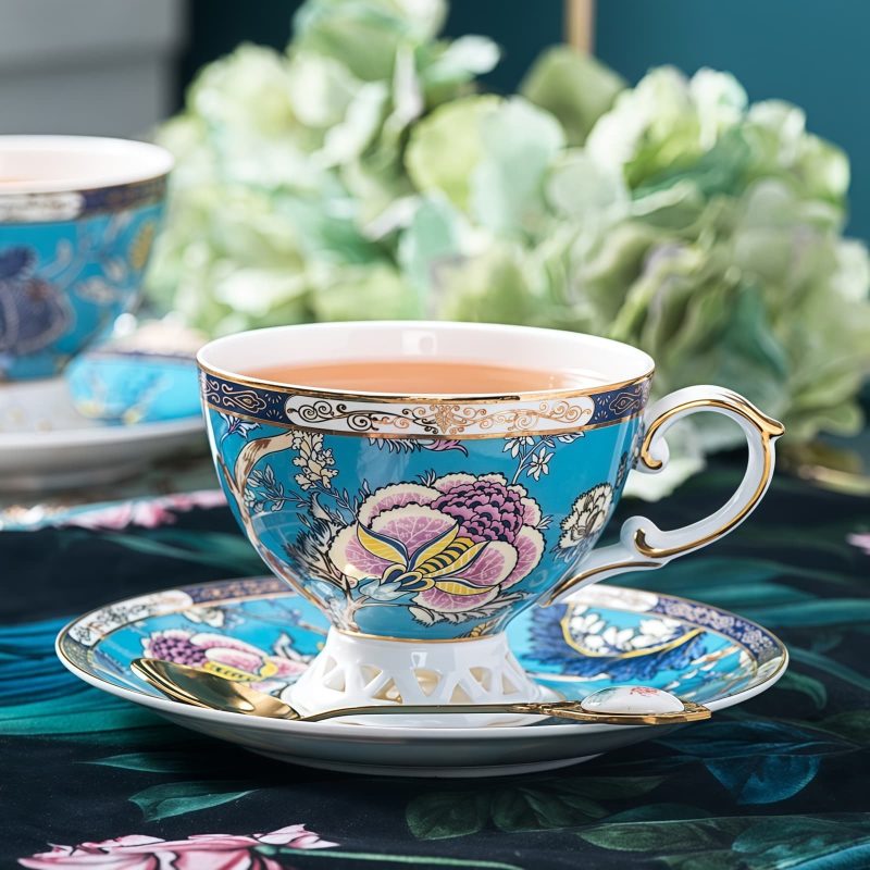 Feicui Bone China Teeservice mit Stövchen und Blumenmuster Feicui Chinese Floral Bone China Tea Set with Warmer - 4