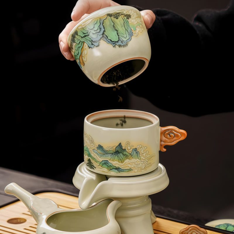 Mountain-Range Cloud Porcelain Kung Fu Tea Set with Rotating Teapot - 3