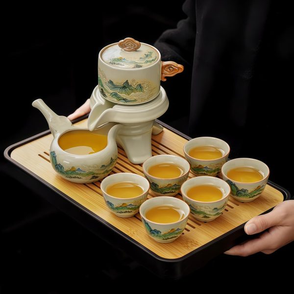 Mountain-Range Cloud Porcelain Kung Fu Tea Set with Rotating Teapot - 1