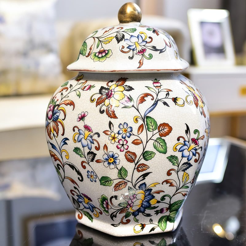 Sechseckige Keramik-Teedose mit floralem Muster Floral Hexagonal Ceramic Tea Caddy: Storage Canister - 1