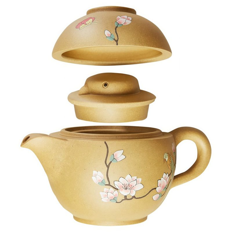 Yixing-Reisetee-Set mit Vogel-Blumen-Motiv für eine Person Bird Flower Yixing Purple Clay Travel Tea Set for One with Tray - 1