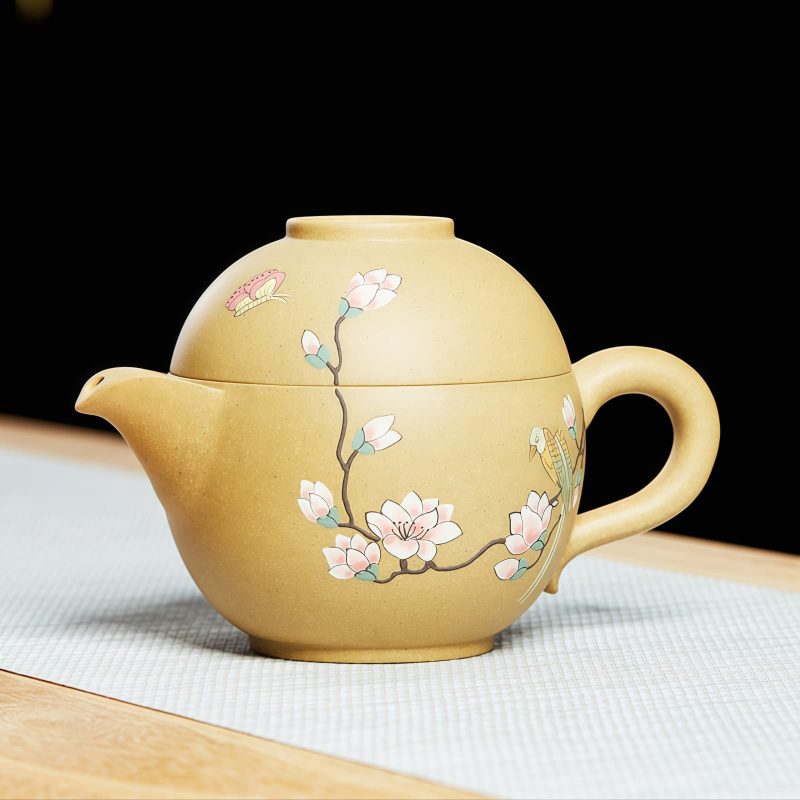 Yixing-Reisetee-Set mit Vogel-Blumen-Motiv für eine Person Bird Flower Yixing Purple Clay Travel Tea Set for One with Tray - 2