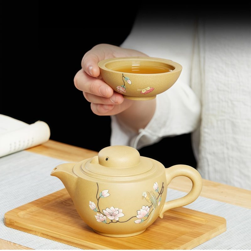 Yixing-Reisetee-Set mit Vogel-Blumen-Motiv für eine Person Bird Flower Yixing Purple Clay Travel Tea Set for One with Tray - 5