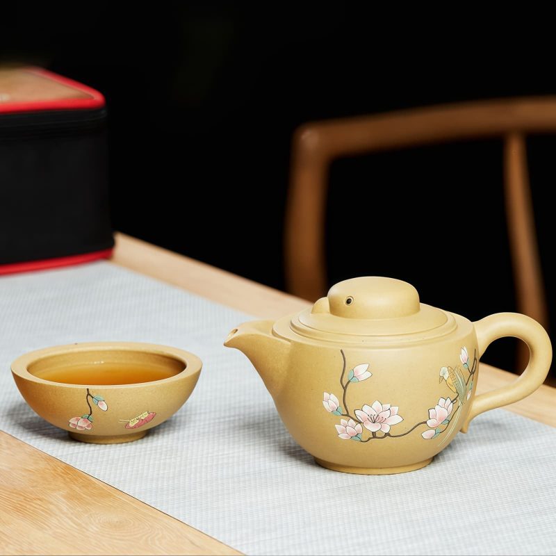 Yixing-Reisetee-Set mit Vogel-Blumen-Motiv für eine Person Bird Flower Yixing Purple Clay Travel Tea Set for One with Tray - 4