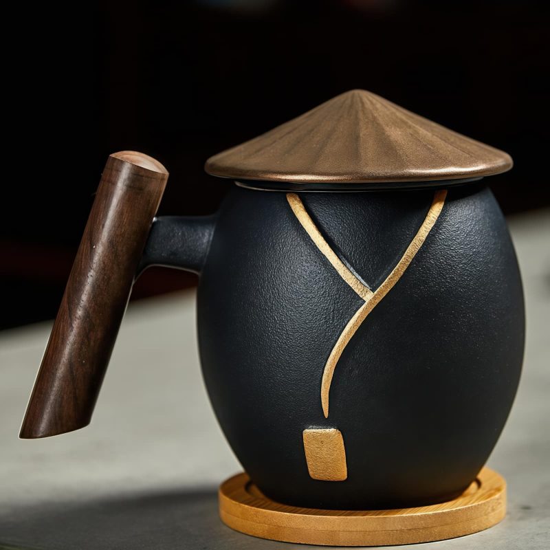 Teebecher aus Porzellan mit Feinsilber-Vergoldung, Holzgriff, Teesieb, Deckel und Untersetzer Gilded Silver Porcelain Tea Mug with Wood Handle & Infuser - 3