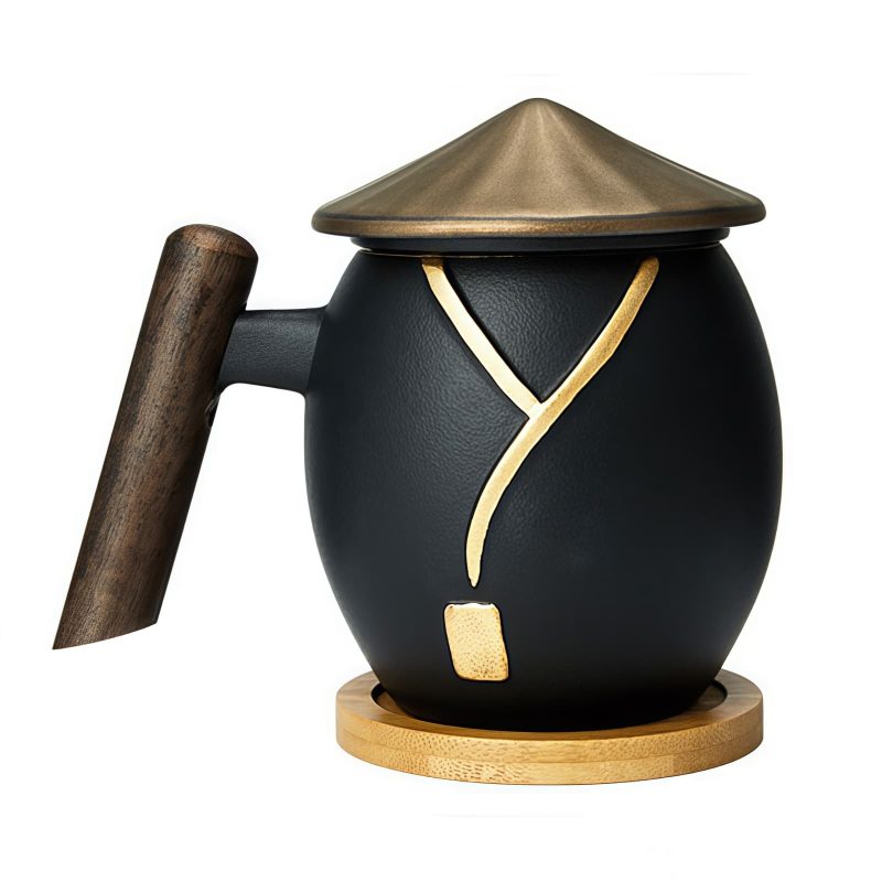 Teebecher aus Porzellan mit Feinsilber-Vergoldung, Holzgriff, Teesieb, Deckel und Untersetzer Gilded Silver Porcelain Tea Mug with Wood Handle & Infuser - 9