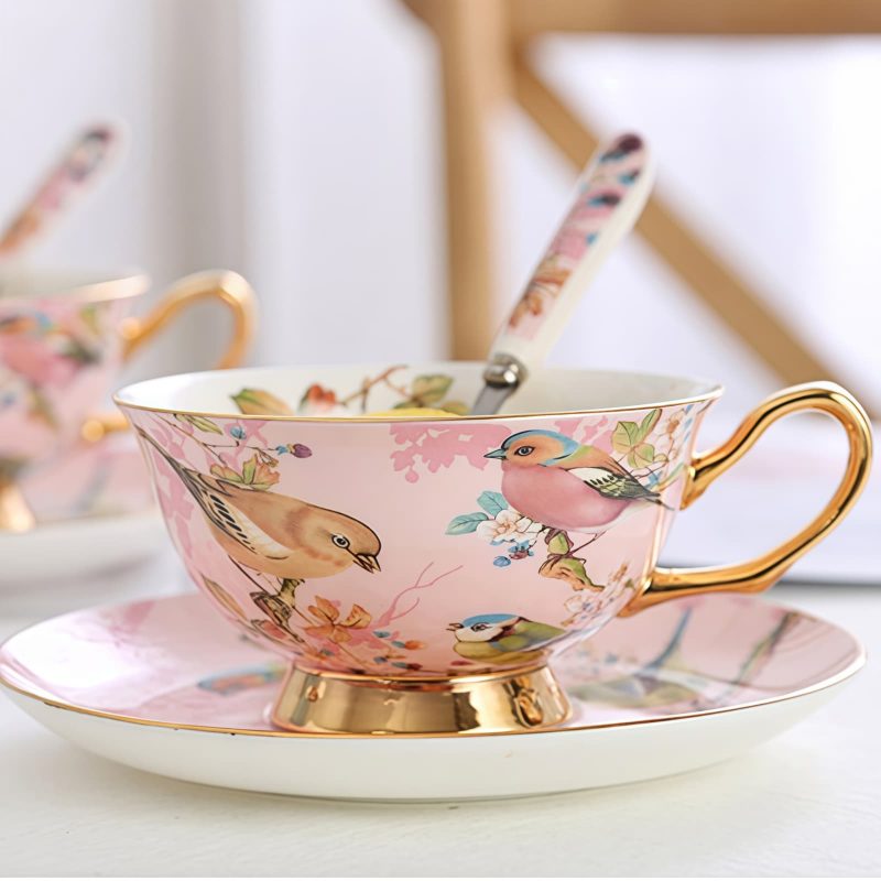 Teetassen-Set aus Bone China mit rosafarbenem Vogel- und Blumenmotiv und Goldrand Pink Bird Floral Bone China Tea Cup & Saucer Set with Gold Accents - 3