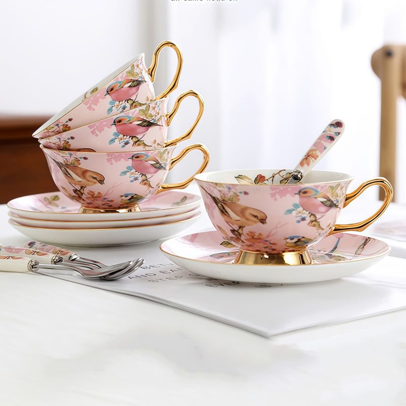 Teetassen-Set aus Bone China mit rosafarbenem Vogel- und Blumenmotiv und Goldrand Pink Bird Floral Bone China Tea Cup & Saucer Set with Gold Accents - 4