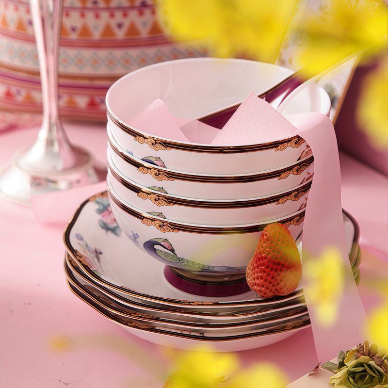 Handgefertigtes Bone-China-Geschirrset „Purple Phoenix“ mit Goldrand INGRI Purple Phoenix Bone China Tableware - Handcrafted Individual Piece - 24