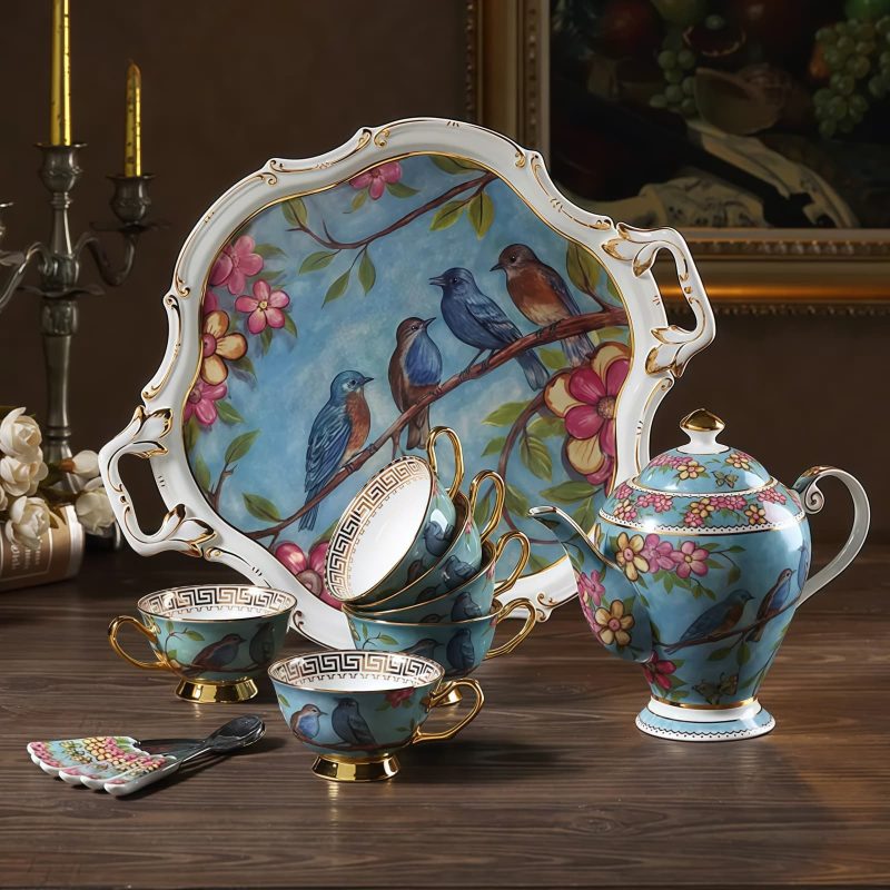 Blue Bird Flower Bone China Coffee Set - English Style Tea Set - 6