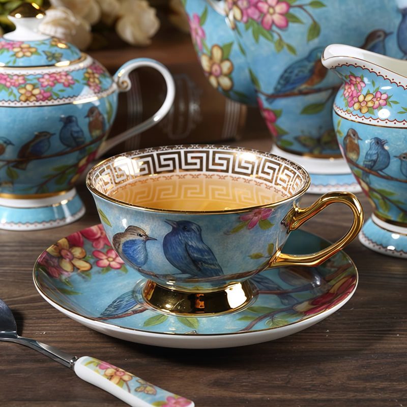 Blue Bird Flower Bone China Coffee Set - English Style Tea Set - 4