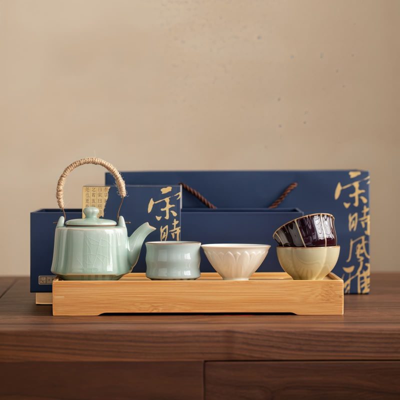 Vintage-Tee-Set aus Keramik mit Holztablett Vintage Ceramic Tea Set with Wooden Tray | Traditional Chinese Tea Service - 9