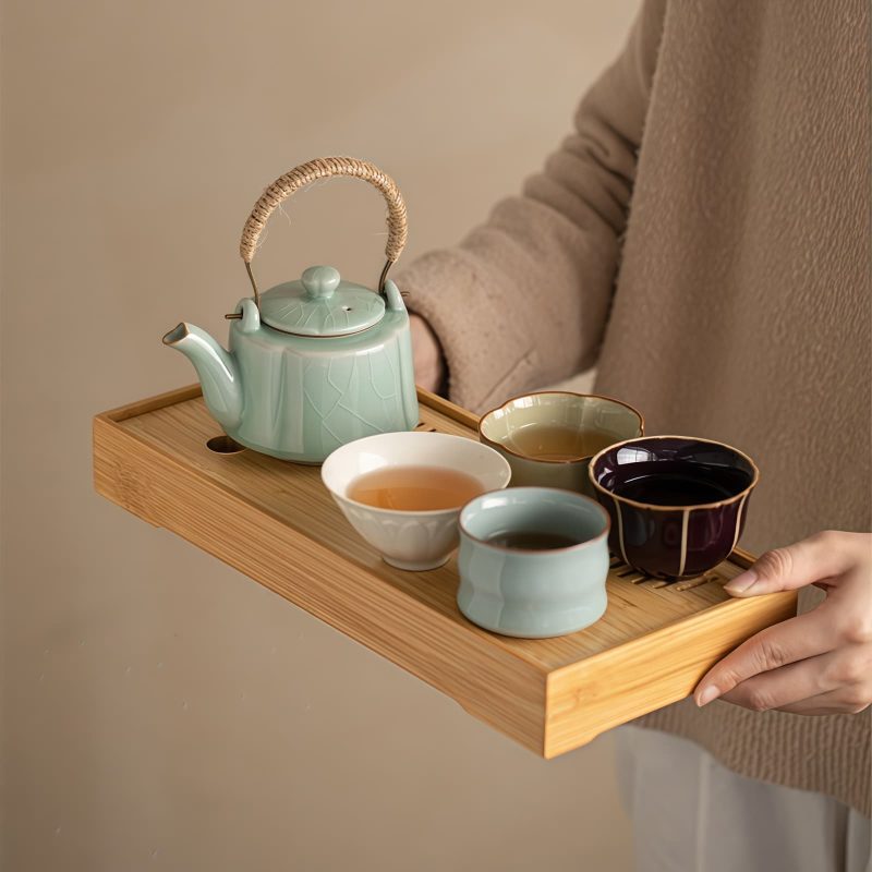Vintage-Tee-Set aus Keramik mit Holztablett Vintage Ceramic Tea Set with Wooden Tray | Traditional Chinese Tea Service - 8