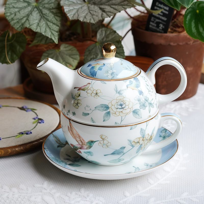 Tea for One Set aus Porzellan mit Vogel- und Blumenmotiv und Goldrand Gold Trim Bird Floral Porcelain Tea for One Set - 9