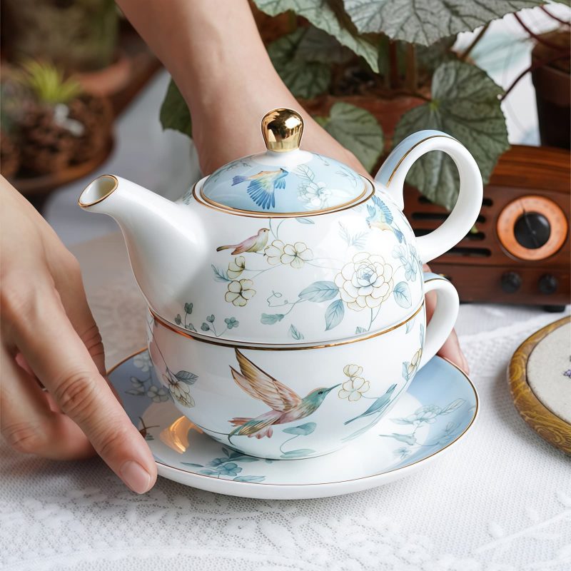 Tea for One Set aus Porzellan mit Vogel- und Blumenmotiv und Goldrand Gold Trim Bird Floral Porcelain Tea for One Set - 3