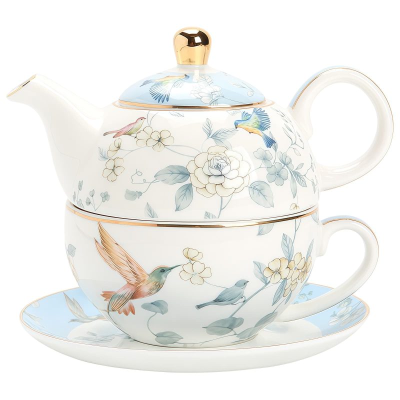 Tea for One Set aus Porzellan mit Vogel- und Blumenmotiv und Goldrand Gold Trim Bird Floral Porcelain Tea for One Set - 1