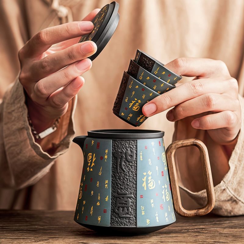Yixing Purple Clay Travel Tea Set with Wooden Handle & Case - 2