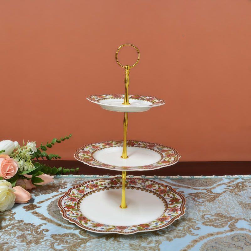 3-stöckige Etagere aus Bone China mit floralem Muster Floral 3-Tier Bone China Cake Stand - Elegant Dessert Display - 4