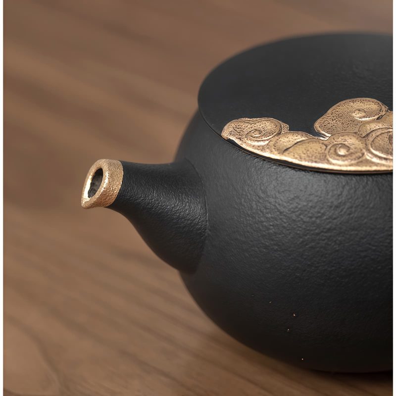 Golden Cloud Ceramic Chinese Gongfu Tea Set with Bamboo Tray - 7