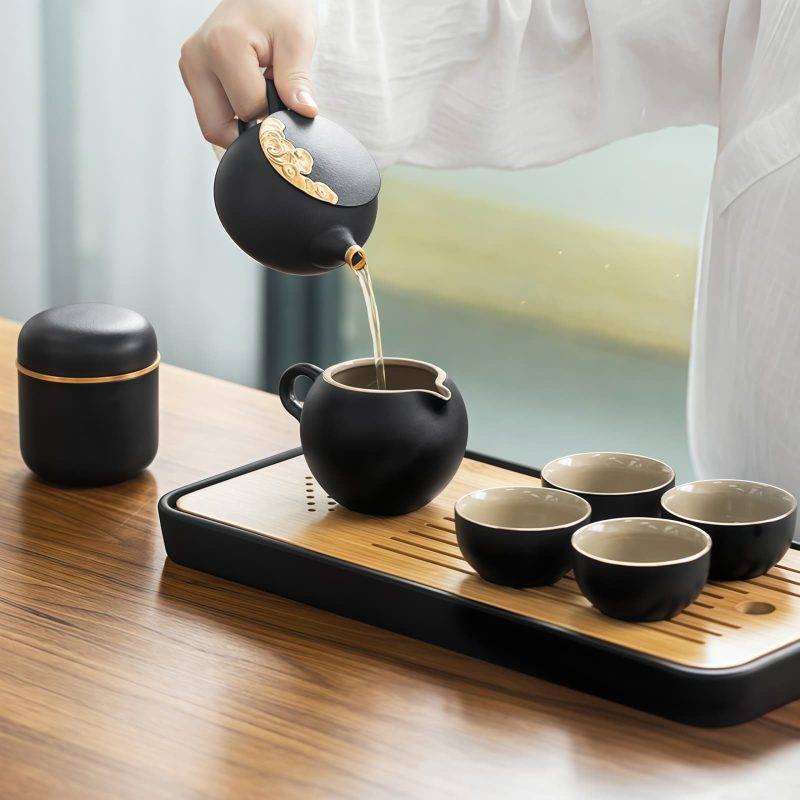 Golden Cloud Ceramic Chinese Gongfu Tea Set with Bamboo Tray - 3