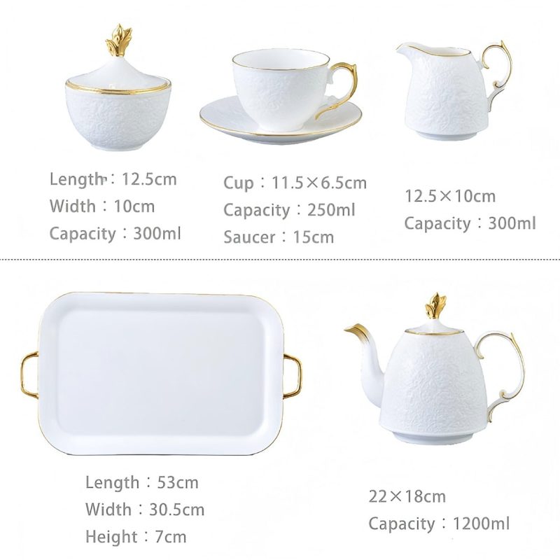 Handgefertigtes Teeservice aus Bone China mit floralem Relief, Goldrand und Geschenkbox Floral Embossed Bone China Tea Set with Gold Rims | Luxury Gift Box - 5