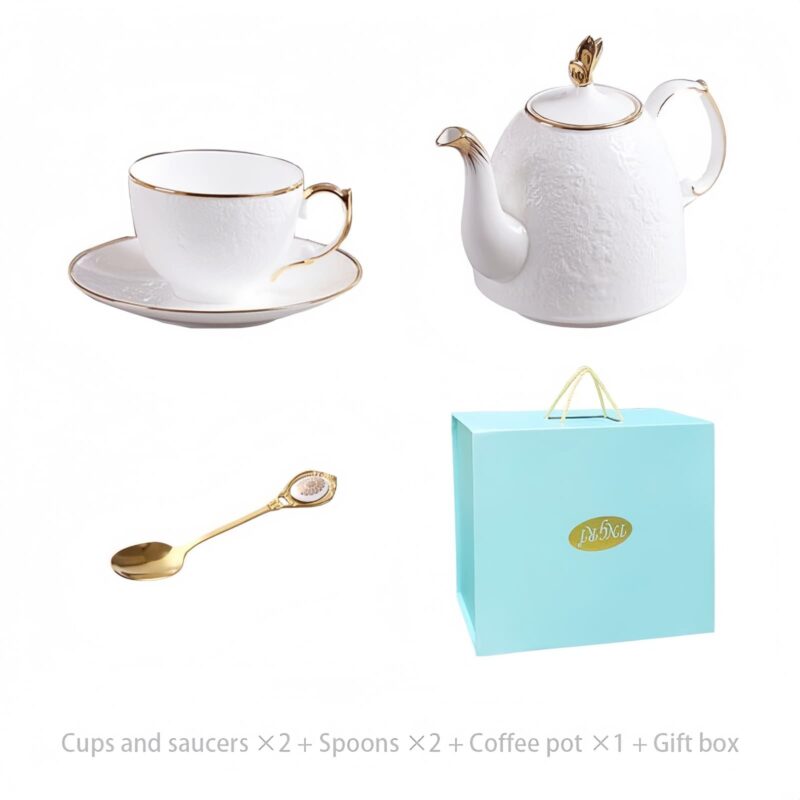 Handgefertigtes Teeservice aus Bone China mit floralem Relief, Goldrand und Geschenkbox Floral Embossed Bone China Tea Set with Gold Rims | Luxury Gift Box - 15