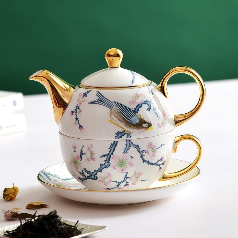 Tea-for-One-Set aus Porzellan mit Vogel- und Blumenmotiv und Golddekor Bird Flowers Porcelain Tea Set for One - Gold Embellishments - 6