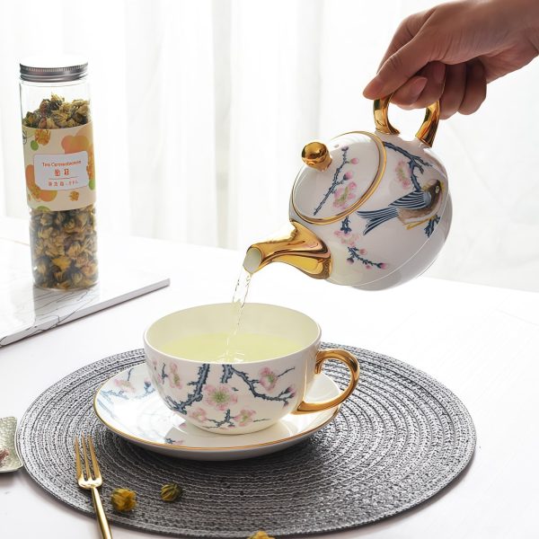 Bird Flowers Porcelain Tea Set for One - Gold Embellishments - 1