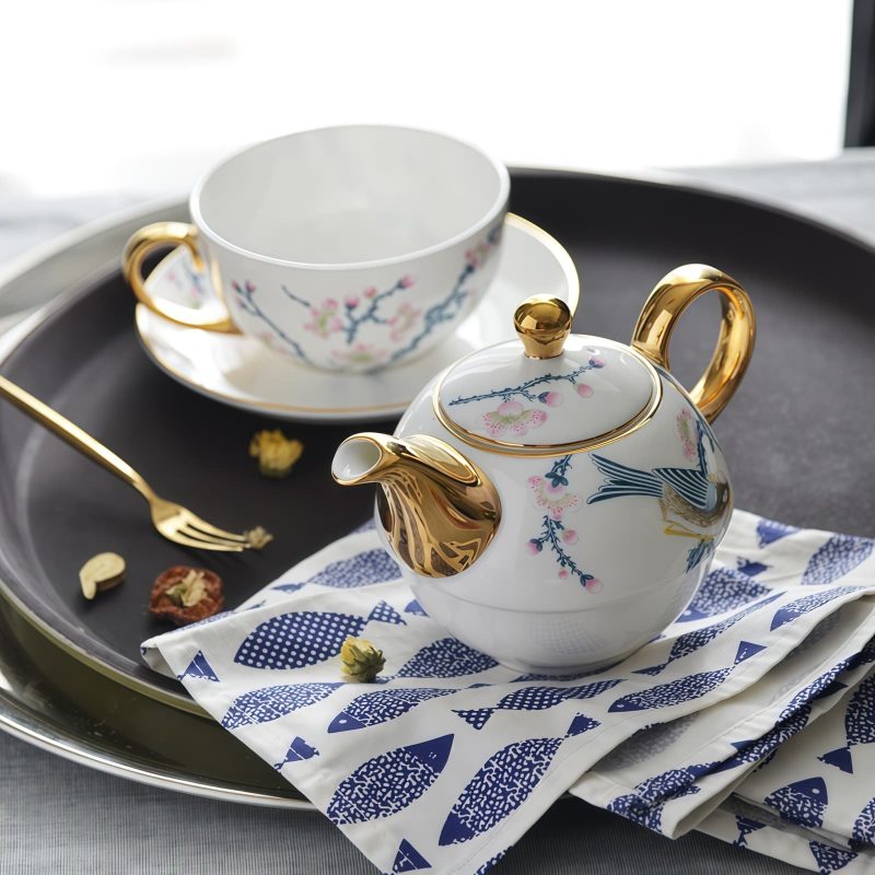 Tea-for-One-Set aus Porzellan mit Vogel- und Blumenmotiv und Golddekor Bird Flowers Porcelain Tea Set for One - Gold Embellishments - 5