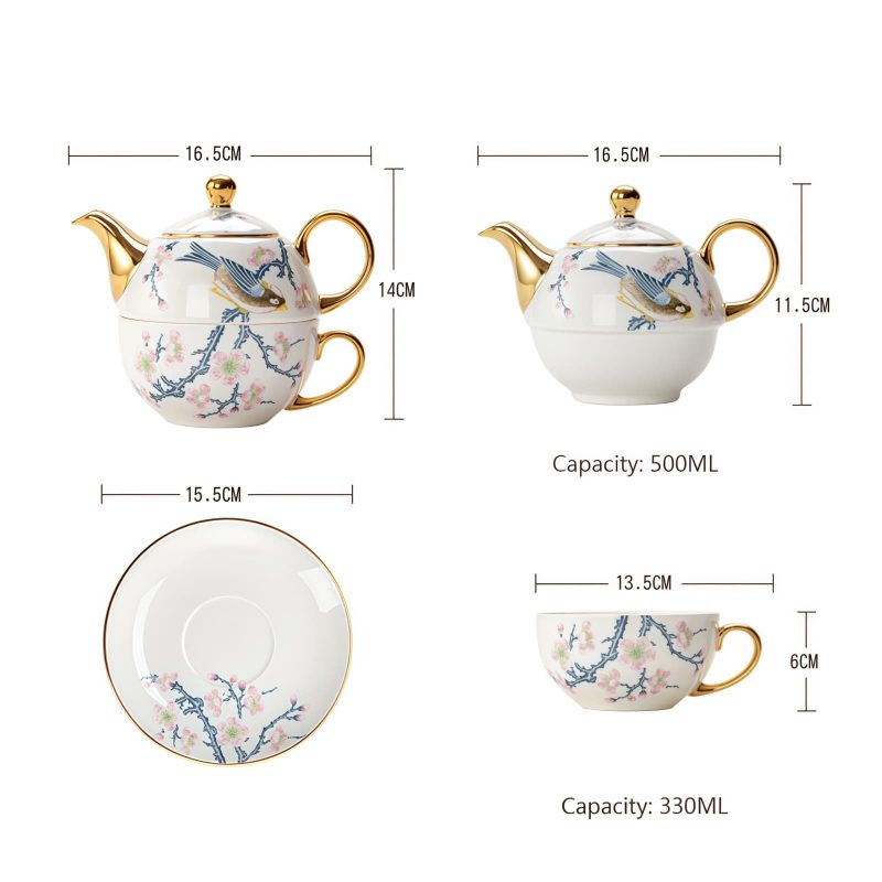 Tea-for-One-Set aus Porzellan mit Vogel- und Blumenmotiv und Golddekor Bird Flowers Porcelain Tea Set for One - Gold Embellishments - 3