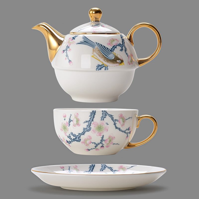 Tea-for-One-Set aus Porzellan mit Vogel- und Blumenmotiv und Golddekor Bird Flowers Porcelain Tea Set for One - Gold Embellishments - 2