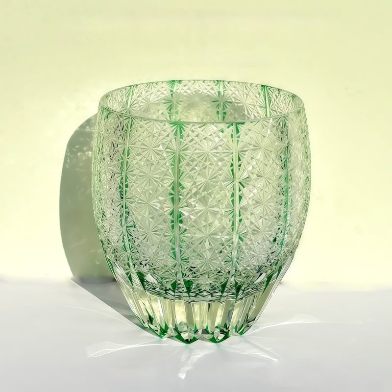 Edo Kiriko Green Starburst Whiskey Glass - Handcrafted Japanese Crystal - 5