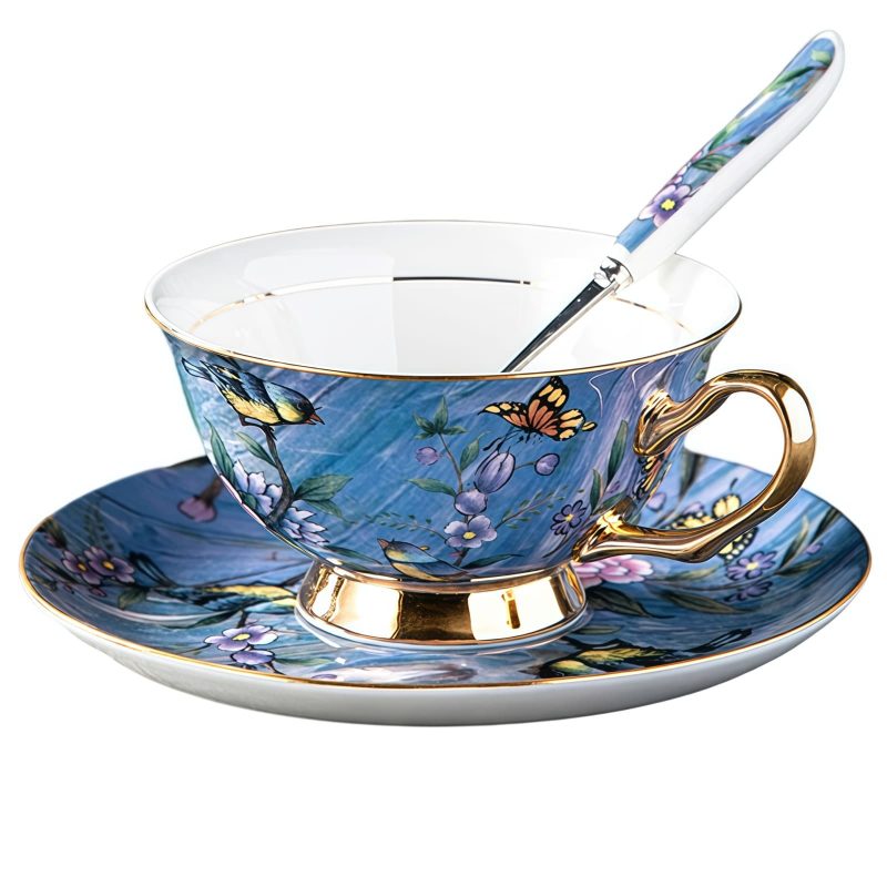 Bone-China-Teetassen-Set mit Untertasse „Blue Bird“ und Goldakzenten Blue Bird Bone China Tea Cup & Saucer Set with Gold Accents - 6
