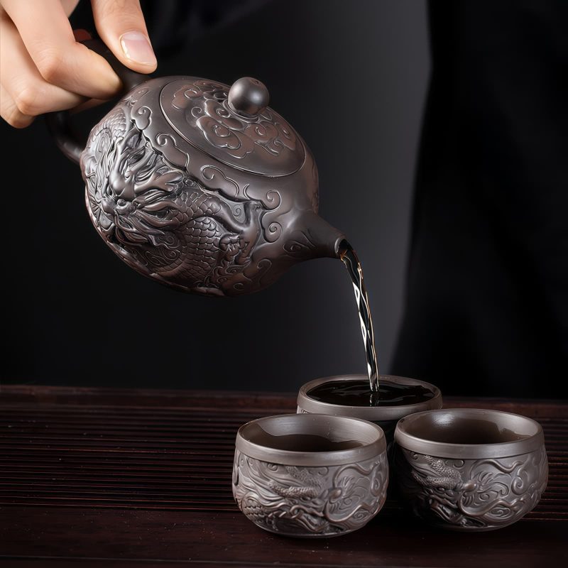 Chinese Dragon Unglazed Purple Clay Kung Fu Tea Set - 4