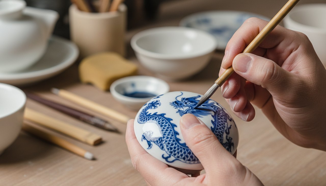 Nahaufnahme eines Kunsthandwerkers, der von Hand einen Drachen auf Jingdezhen-Porzellan malt.