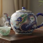 Chinese ceramic teapot with a vibrant dragon motif on a wooden tea tray.