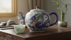Chinese ceramic teapot with a vibrant dragon motif on a wooden tea tray.