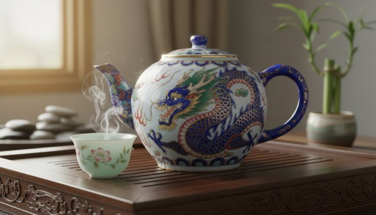 Chinese ceramic teapot with a vibrant dragon motif on a wooden tea tray.